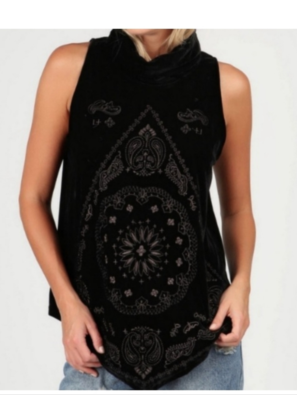 POL Black Embroidered Velvet Cowlneck Top